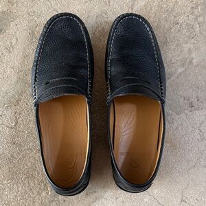 Austen Heller Black Pebble Leather Penny Loafers with Tan Insole